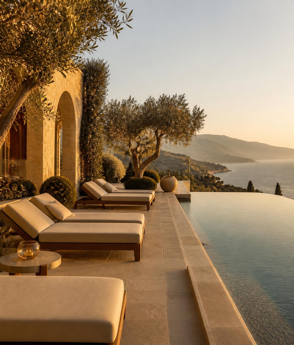 Luxury hotel terrace overlooking the coastline at golden hour, illustrative destination imagery
