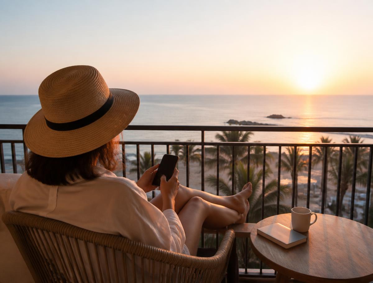 Traveler using a phone on a resort balcony overlooking the ocean, illustrative imagery